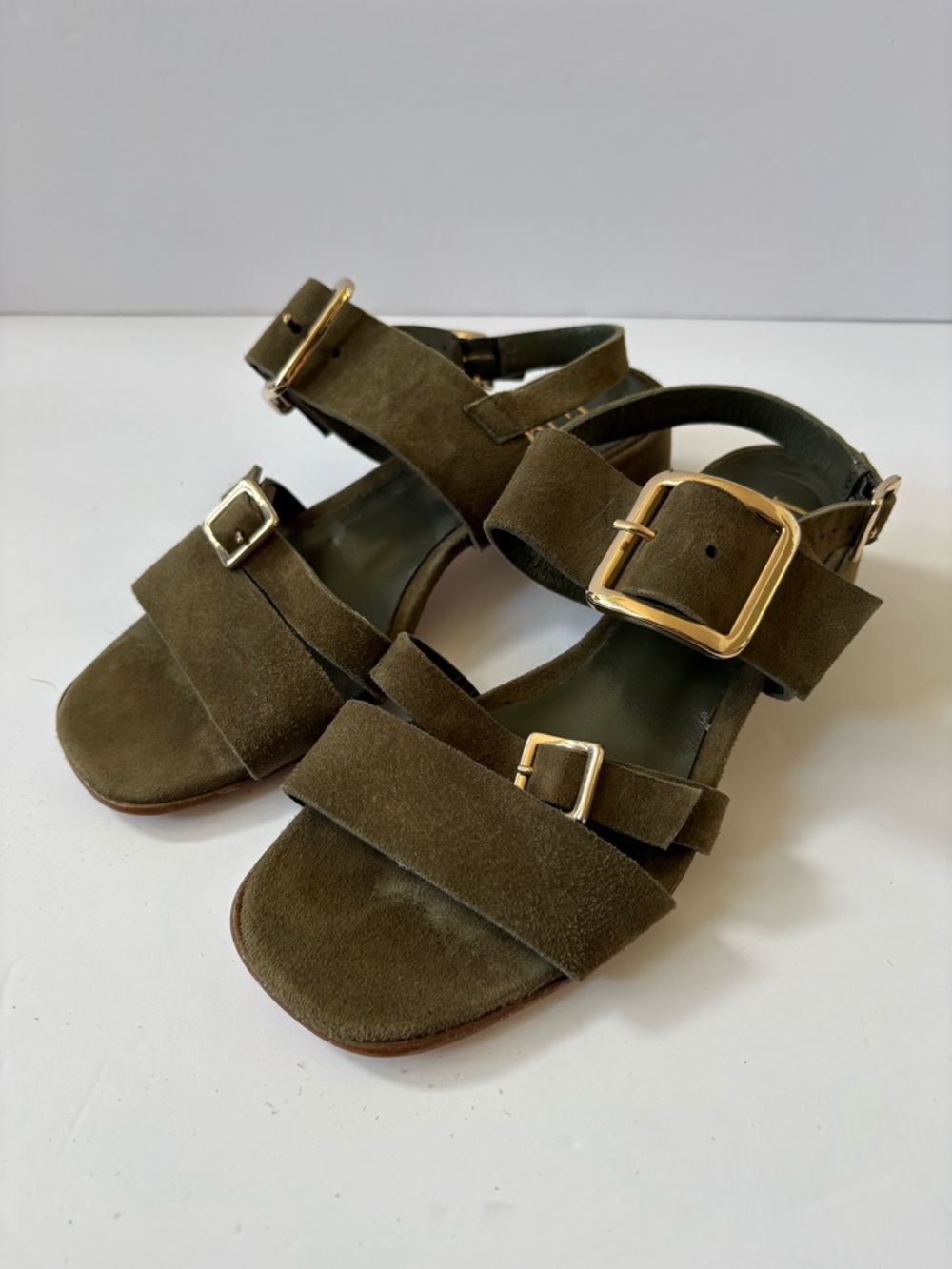 L’idea By Lori Sage Green Double Buckle Suede Leather Italy Sandals Preppy 37